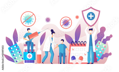 Vaccination people. Prevention covid healthcare symbols persons make vaccine with syringe drugs and antibiotics recent vector flat background concept pictures