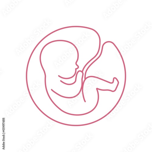 Line logotype. Baby in the womb with umbilical cord. Stylish logo for a prenatal or reproductive clinic, pregnancy brochure, surrogacy agency. Round frame, elegant icon.