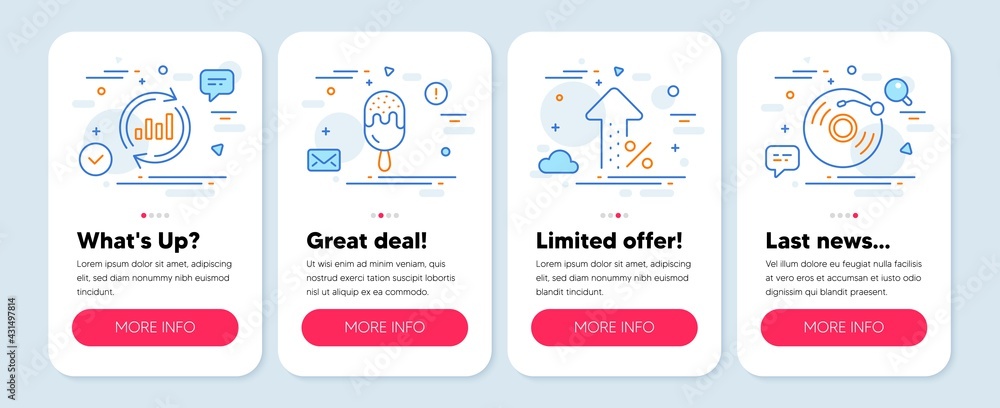 Set of Business icons, such as Ice cream, Update data, Increasing percent symbols. Mobile screen banners. Vinyl record line icons. Sundae stick, Sales chart, Discount. Retro music. Vector Set of Business icons, such as Ice cream, Update data, Increasing percent symbols. Mobile screen banners. Vinyl record line icons. Sundae stick, Sales chart, Discount. Retro music. Vector