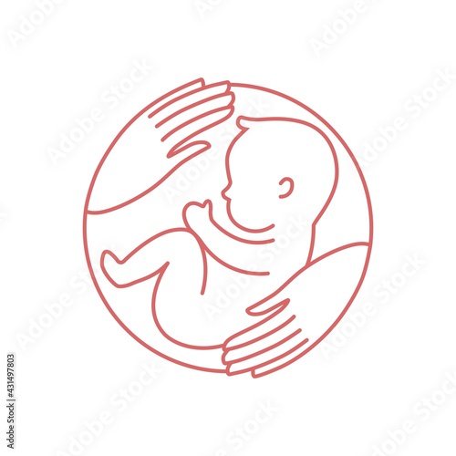 Line logotype with baby and caring hands. Stylish logo for a prenatal or reproductive clinic, pregnancy brochure, surrogacy agency. Round frame, elegant isolated icon. 