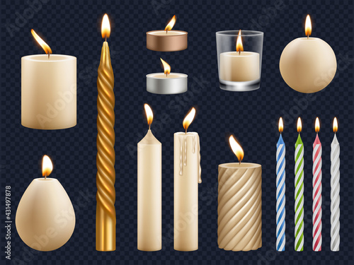 Realistic candles. Church wax candles collection birthday celebration fire items lighting glow effects decent vector templates set isolated