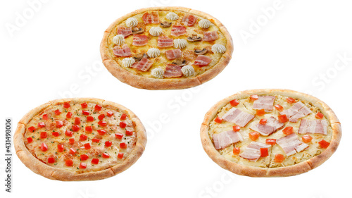 Three pizzas isolated on a white background. Italian food concept. Appetizing pizza.