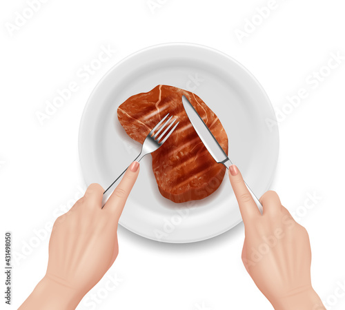 Steak realistic. Hot beef meals in plate hands holding fork and knife tasty food restaurants delicious products decent vector steak