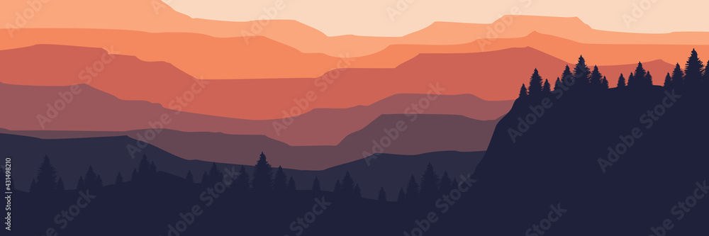 sunset in the mountain cliff with forest tree vector flat design illustration for wallpaper, background, banner, and template