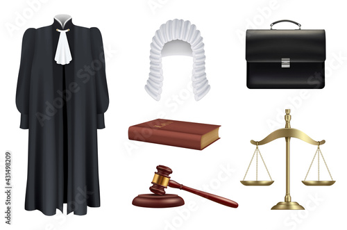 Law and justice. Right judge wooden hammer court decision prosecutor hairpiece black robes decent vector realistic set isolated