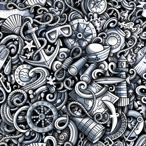 Cartoon doodles Nautical seamless pattern.