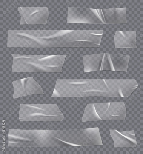 Transparent sticky tape. Adhesives crumpled realistic bandage fix tape with glue wrap objects decent vector illustrations isolated
