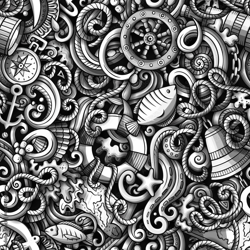 Cartoon doodles Nautical seamless pattern. Cartoon doodles Nautical seamless pattern.