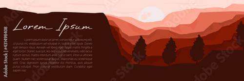 mountain landscape with tree flat design vector illustration for mountain tourism design template, wallpaper, background template, and web banner