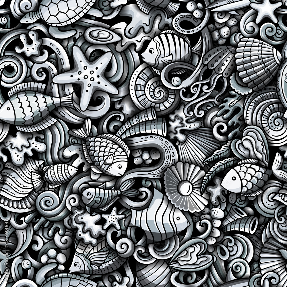 Naklejka premium Cartoon doodles Sea Life seamless pattern.