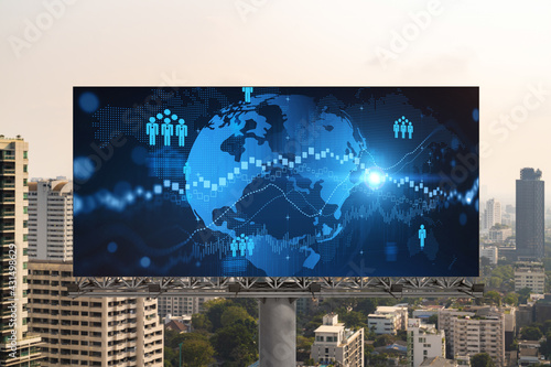 World planet Earth map hologram and social media icons on billboard over panorama city view of Bangkok, Southeast Asia. The concept of people networking and connections.