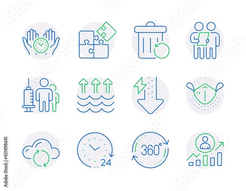 Science icons set. Included icon as Medical mask, Medical vaccination, Full rotation signs. Cloud sync, 24 hours, Energy drops symbols. Evaporation, Safe time, Survey. Recovery trash. Vector