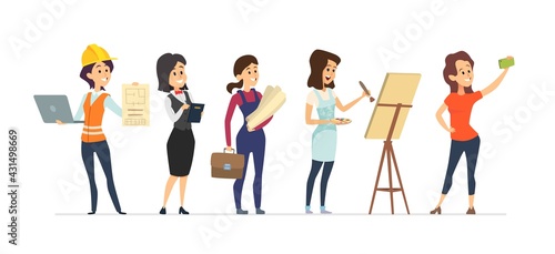 Female diverse professions. Young women workers, isolated different occupation girls vector characters