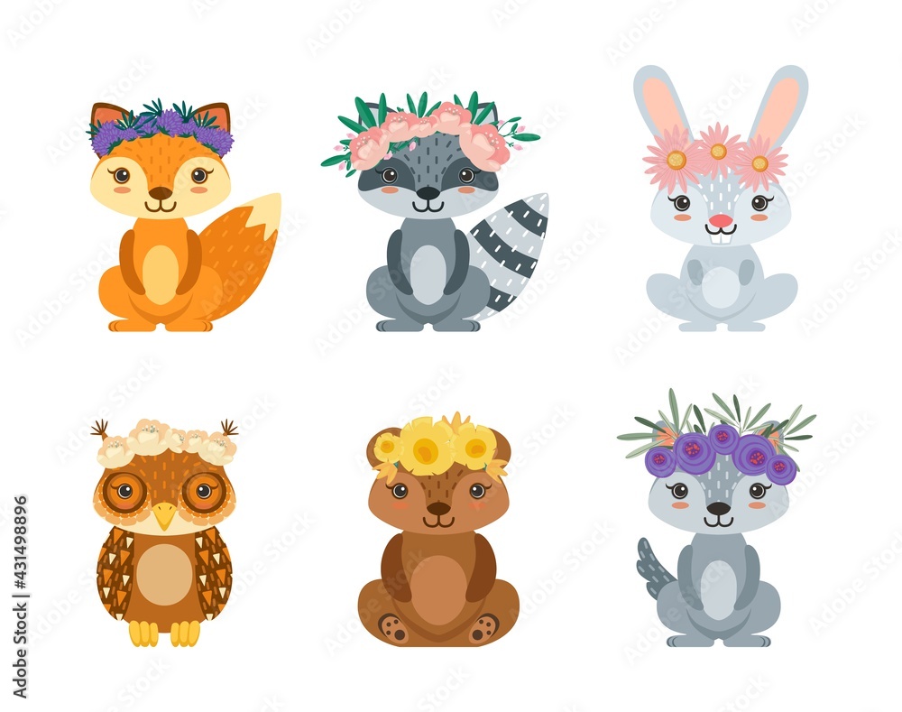 Fototapeta premium Spring animals. Funny animal floral wreath, cartoon wild characters with flowers. Childish fox rabbit raccoon vector set