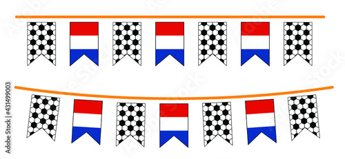 Bright party bunting flag with the flag of the Netherlands. Football net pattern. Soccer ball party buntings flags. Funny vector sport icon. World sport finale or school game cup. Dutch or Holland sig