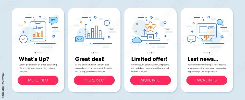 Obraz premium Set of Finance icons, such as Diagram graph, Report document, Vip podium symbols. Mobile screen app banners. Atm line icons. Presentation chart, Page with charts, Exclusive privilege. Vector
