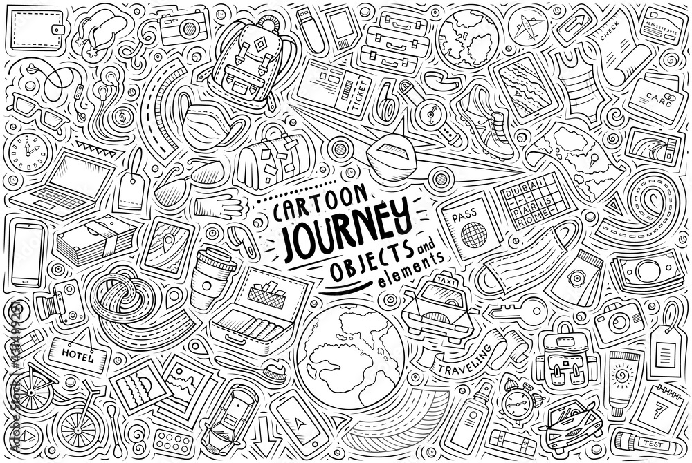 Vector doodle cartoon set of Travel 2021 theme objects and symbols