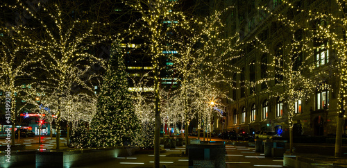 Photography Christmas lights at night in New York City, New York.