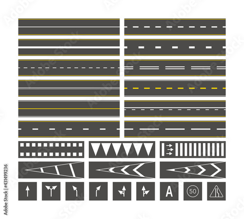 Road marks. Street lines on asphalt bus station marks speed signs garish vector illustrations set