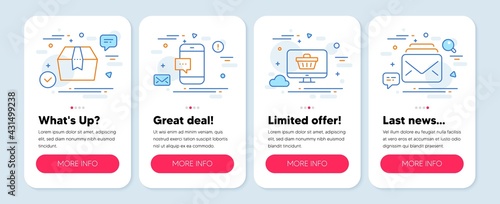 Set of Technology icons, such as Smartphone message, Web shop, Package box symbols. Mobile screen app banners. Mail line icons. Cellphone chat, Shopping cart, Delivery goods. New messages. Vector