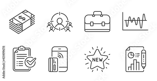 Usd currency, Portfolio and New star line icons set. Stock analysis, Report document and Survey checklist signs. Contactless payment, Business targeting symbols. Quality line icons. Vector