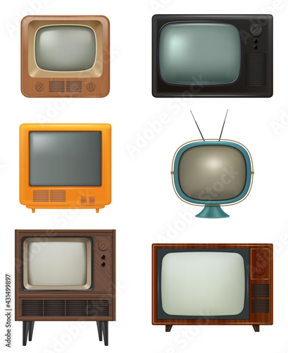 Retro tv. Household items of 80s style realistic electronic tv set news entertainment media movies decent vector pictures set