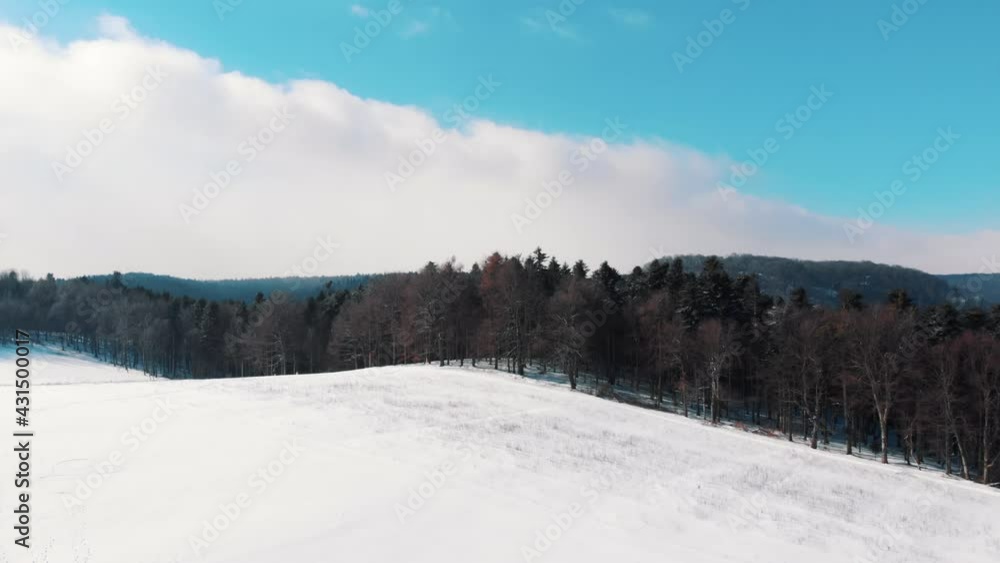 Slow-motion video of Snow-covered sloppy landscape in Poland. Picturesque cloudy blue sky in the background. Lush green trees. The footage is made during the daytime.