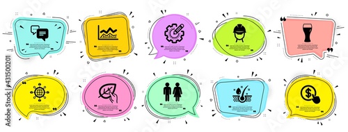 Business icons set. Speech bubble offer banners. Vector coupon badge. Included icon as Dots message, Logistics network, Foreman signs. Restroom, Beer glass, Trade infochart symbols. Vector