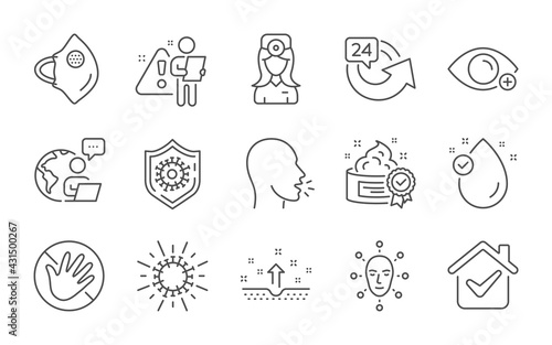 Vitamin e, Coronavirus protection and Oculist doctor line icons set. Do not touch, Medical mask and Coronavirus signs. Cream, Farsightedness and Face biometrics symbols. Line icons set. Vector