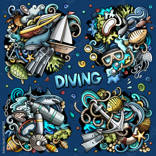 Diving cartoon vector doodle designs set.
