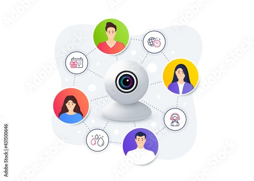 Set of Business icons, such as Time management, Christmas calendar, Support symbols. Web camera remote streaming. Online video conference banner. Water drop line icons. Vector