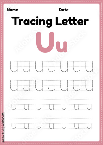 Tracing letter u alphabet worksheet for kindergarten and preschool kids for handwriting practice and educational activities in a printable page illustration.