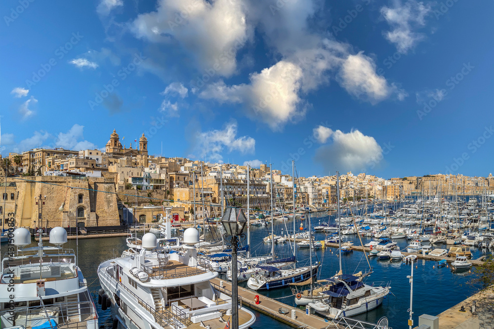 Yachts and boats moored in the harbor, Valletta, Malta