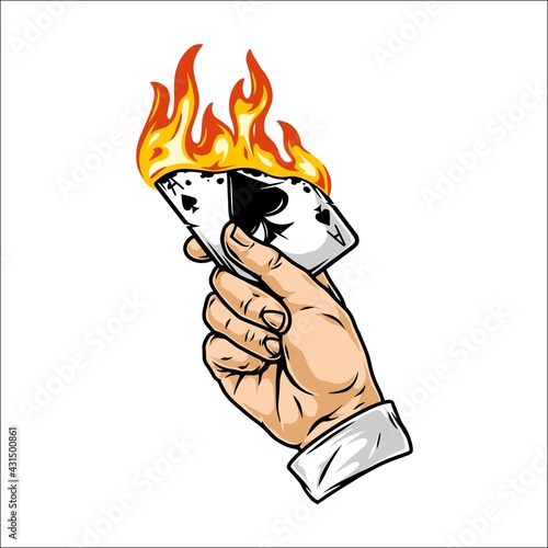 Male hand holding burning playing card