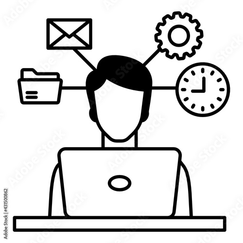 Focal Person Sign, Multi Tasker Secretary Avatar, Hrm symbols on white background, Person performing  email, operation and time managment vector color icon design, business character stock illustartio