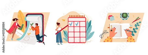 Woman with pencil marking completed tasks on to do list. Checklist with green check marks and tiny people flat vector illustration. Concept of time management, work planning method, daily goals, aims.
