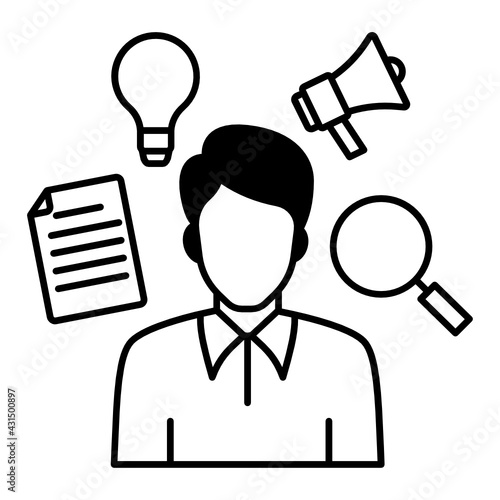 multitalented person concept vector icon desig, hrm symbol on white background,  wunderkind or polymath pictogram stock illustration, company spokesperson pictogram