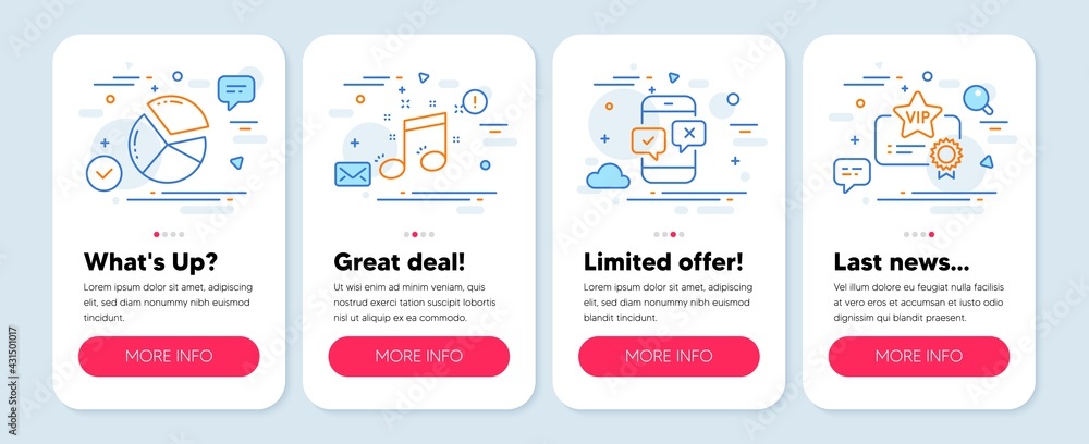 Set of Education icons, such as Pie chart, Phone survey, Musical note symbols. Mobile screen banners. Vip certificate line icons. Presentation graph, Mobile quiz test, Music. Vector Set of Education icons, such as Pie chart, Phone survey, Musical note symbols. Mobile screen banners. Vip certificate line icons. Presentation graph, Mobile quiz test, Music. Vector