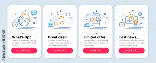 Set of Education icons, such as Pie chart, Phone survey, Musical note symbols. Mobile screen banners. Vip certificate line icons. Presentation graph, Mobile quiz test, Music. Vector