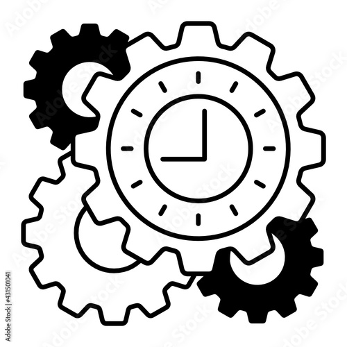 Daily Job time management concept, hrm symbol on white background, gear inside clock vector color icon design, Office Timings Sign, three cogwheels sync with each other stock illustration