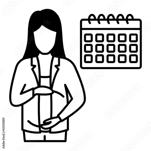 Parental or family leave vector color icon design, Employee benefits sign, Maternity pay and leave concept, hrm symbol, Standing Pregnant Lady with Calendar Sign, Business Character Stock illustration