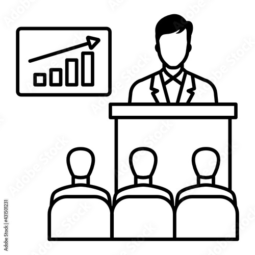 Trainer Giving the Presentation on Growth Concept, hrm sybmol on white background, Presenter with Bar Graphs Vector color Icon Design, executive on rostrum wearing spectacles stock illustration