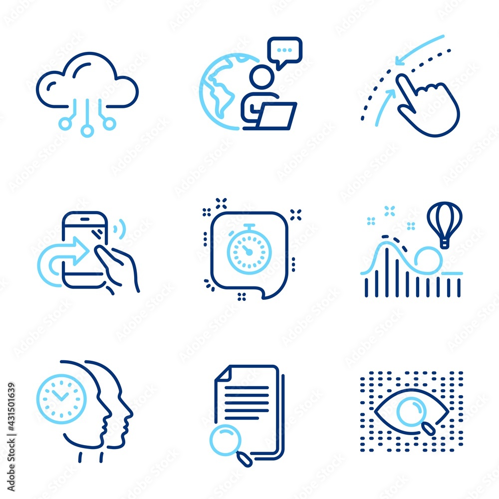Technology icons set. Included icon as Timer, Artificial intelligence, Roller coaster signs. Cloud computing, Time management, Share call symbols. Swipe up, Search file line icons. Vector Technology icons set. Included icon as Timer, Artificial intelligence, Roller coaster signs. Cloud computing, Time management, Share call symbols. Swipe up, Search file line icons. Vector
