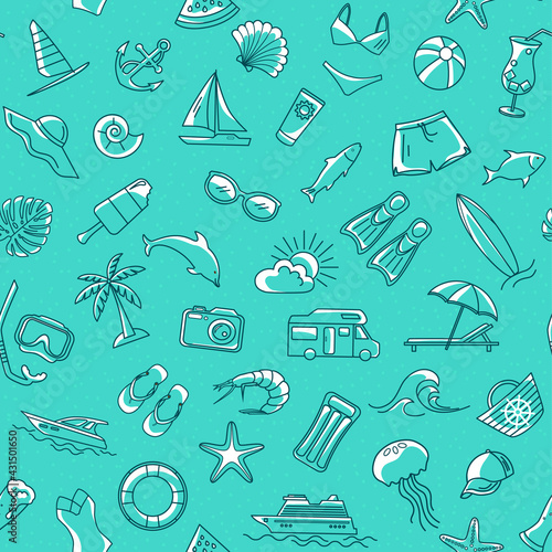 Tablou pe pânză Seamless Pattern with bummer beach line objects.