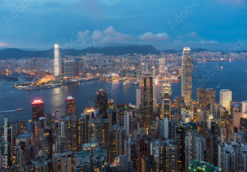 Victoria harbor of Hong Kong city at dusk © leeyiutung