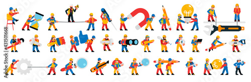 Worker and builders set. Men and women with tools. Characters for the website development process and construction site. Maintenance team. Magnifier, lamp, binoculars, hourglass. Vector illustration.