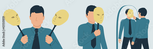 The persona hides its identity under a mask. Vector illustration of dissociative identity disorder, imposter syndrome, split personality.
