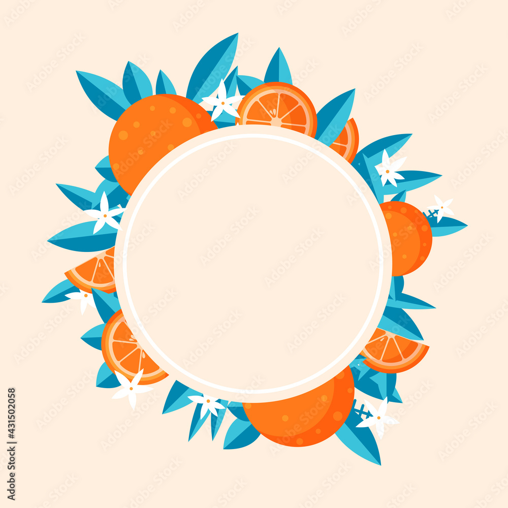 Bright round vector frame of oranges and leaves. Texture for fabric, wrapping paper, postcards. Bright round vector frame of oranges and leaves. Texture for fabric, wrapping paper, postcards.