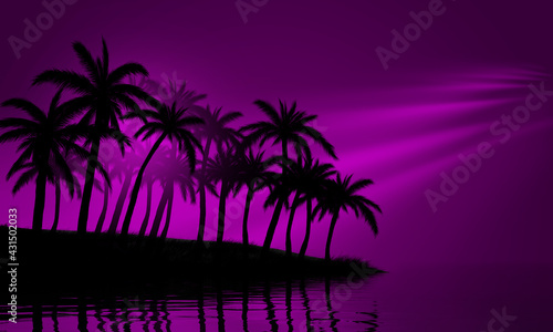 Beach party empty scene background. Tropical palms against the background of neon glow  reflection on the water  laser show. 3d illustration