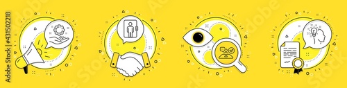 Employee hand, Job interview and Elevator line icons set. Megaphone, licence and deal vector icons. Idea sign. Work gear, Accepted worker, Office transportation. Creative designer. People set. Vector